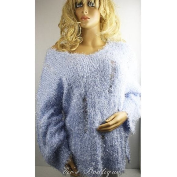 Blue Distressed Eyelash Relaxed Fit V-Neck Off Shoulder Sweater - Picture 5 of 11